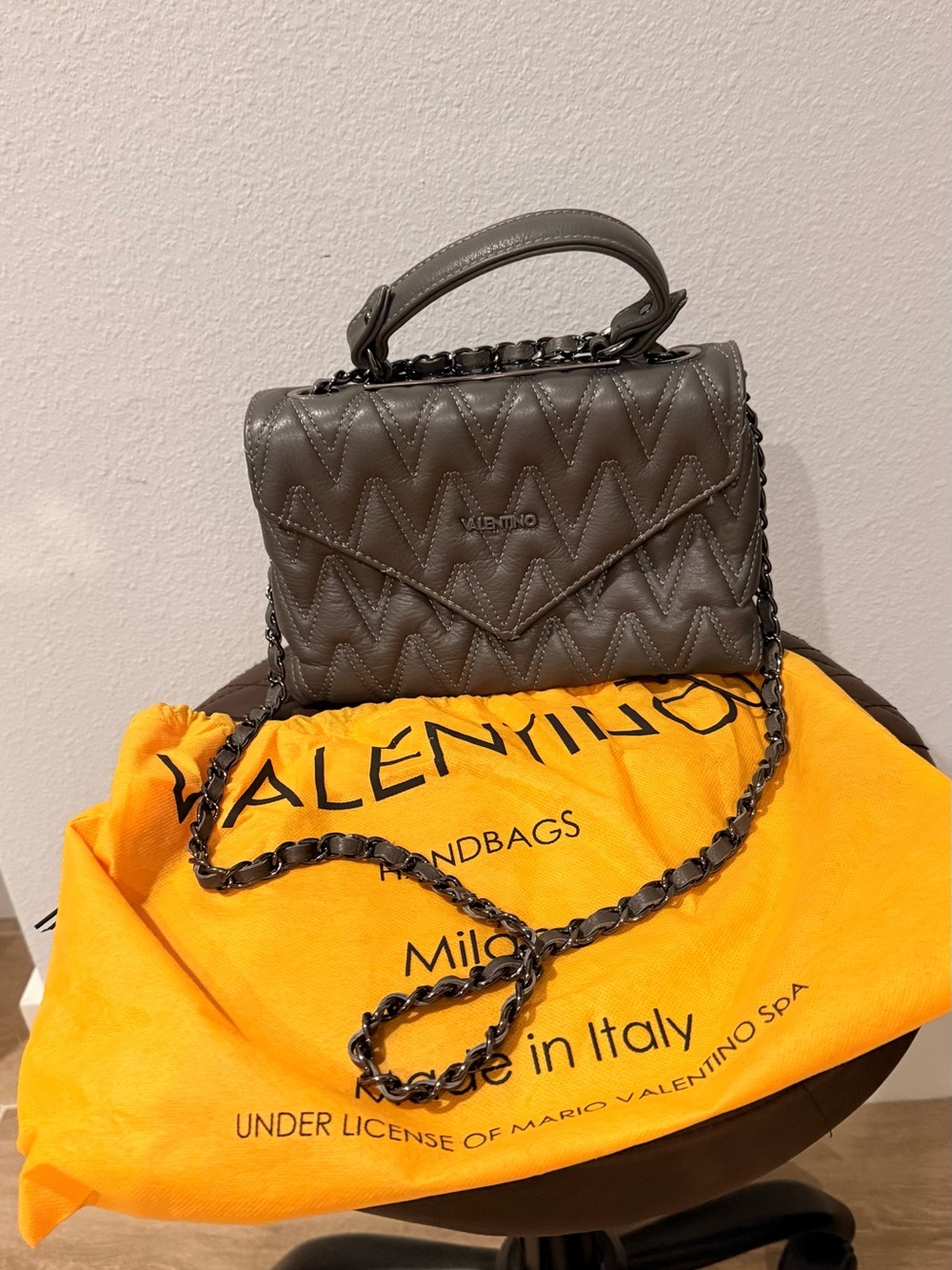 Valentino Gray Quilted Chevron Leather Top-Handle Crossbody